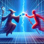 An image depicting a symbolic clash over user data privacy. The scene includes two figures, representing abstract entities. One figure wears gear inspired by classic RPG characters - a wizard robe with a hood, a reality-bending staff, to symbolize Nexon. The other figure is modern and surreal, appears as a crimson silhouette surrounded by blue grid lines, signifying Discord. They are engaged in a heated dialogue over a crystal ball illustrating user data. In the clash, streams of multi-colored light, representing privacy issues, are flowing from their hands, meeting in the middle, creating sparks and electrical discharges.