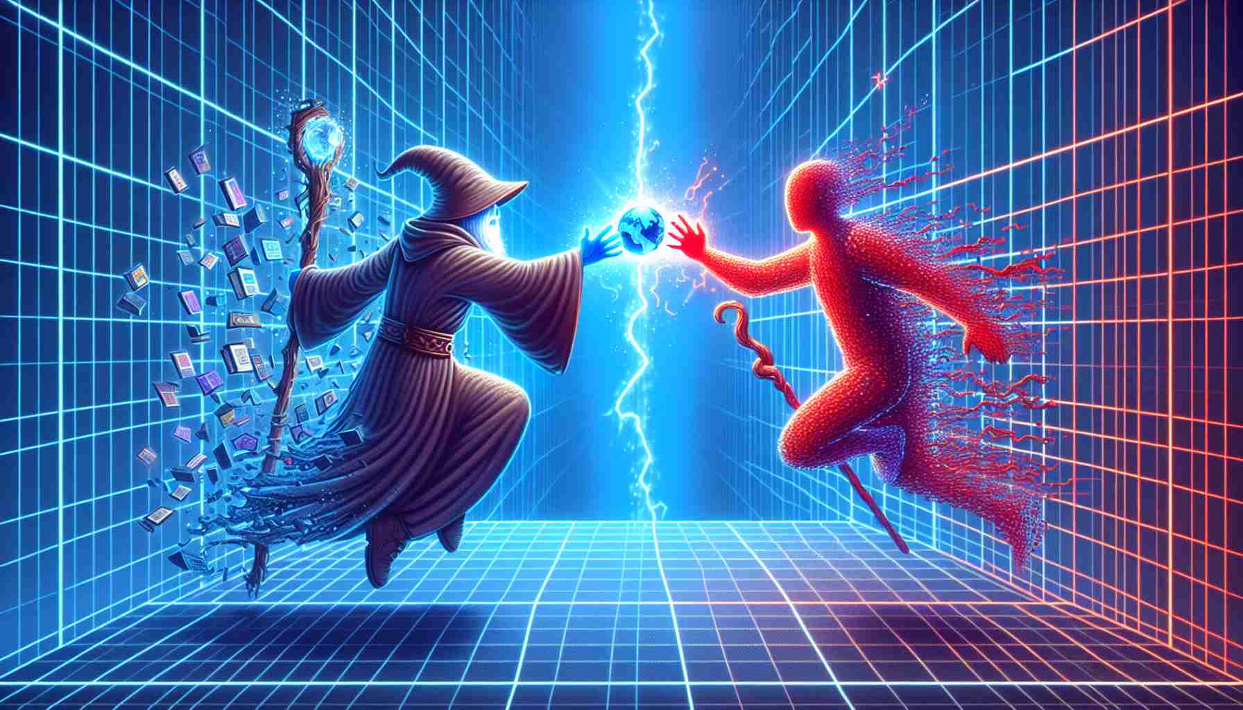 An image depicting a symbolic clash over user data privacy. The scene includes two figures, representing abstract entities. One figure wears gear inspired by classic RPG characters - a wizard robe with a hood, a reality-bending staff, to symbolize Nexon. The other figure is modern and surreal, appears as a crimson silhouette surrounded by blue grid lines, signifying Discord. They are engaged in a heated dialogue over a crystal ball illustrating user data. In the clash, streams of multi-colored light, representing privacy issues, are flowing from their hands, meeting in the middle, creating sparks and electrical discharges.