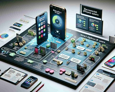 High-definition, realistic depiction of a conceptual strategy board showing Motorola's tactics to attract iPhone users. The board presents a variety of strategies like enhanced product features, competitive pricing, and targeted marketing. The scene also includes a representative Motorola smartphone and an iPhone side by side for comparison. It's important to note that the smartphones are generic devices, not specific models.