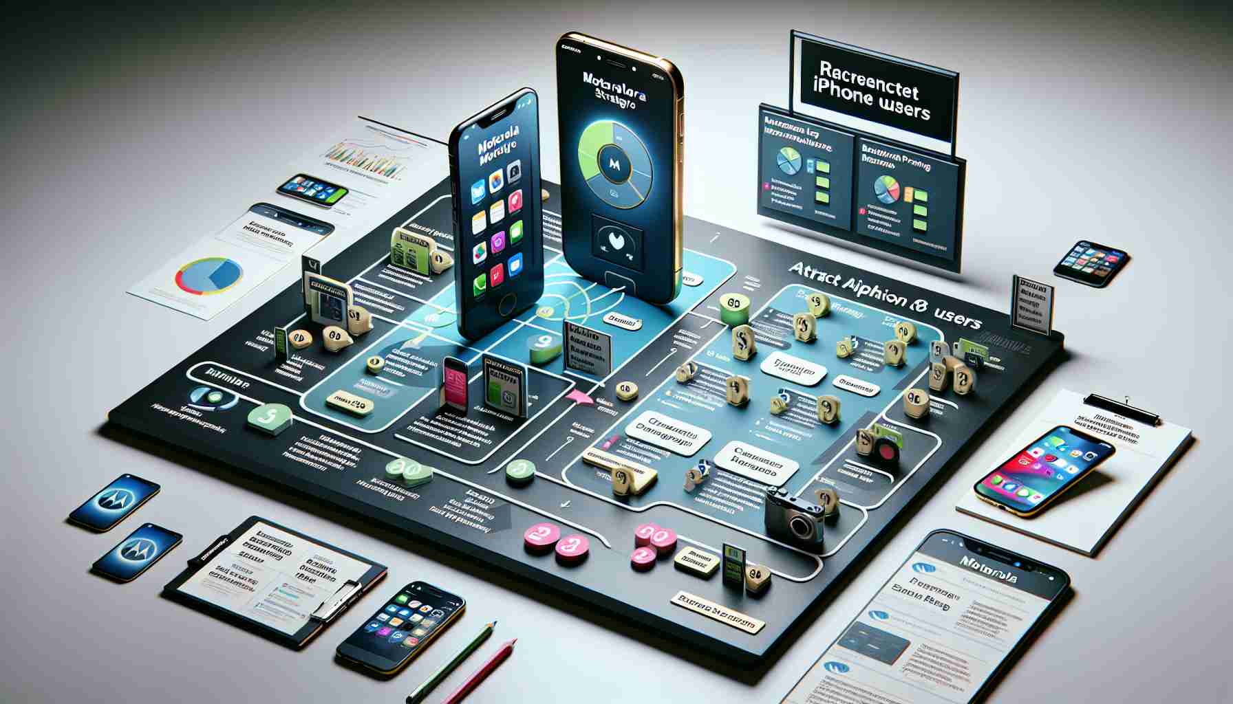 High-definition, realistic depiction of a conceptual strategy board showing Motorola's tactics to attract iPhone users. The board presents a variety of strategies like enhanced product features, competitive pricing, and targeted marketing. The scene also includes a representative Motorola smartphone and an iPhone side by side for comparison. It's important to note that the smartphones are generic devices, not specific models.