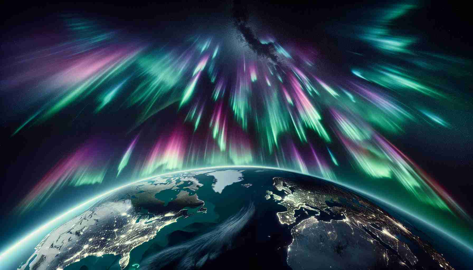 A realistic, high-definition image representing captivating northern and southern lights, widely known as auroras. These brilliant streams of colors, including green, purple, and pink, are darting across the night sky, visible to skywatchers all over the world. The foreground shows outlines of continents, mountains and oceans, while the spectacle unfolds above in the vastness of the night sky.