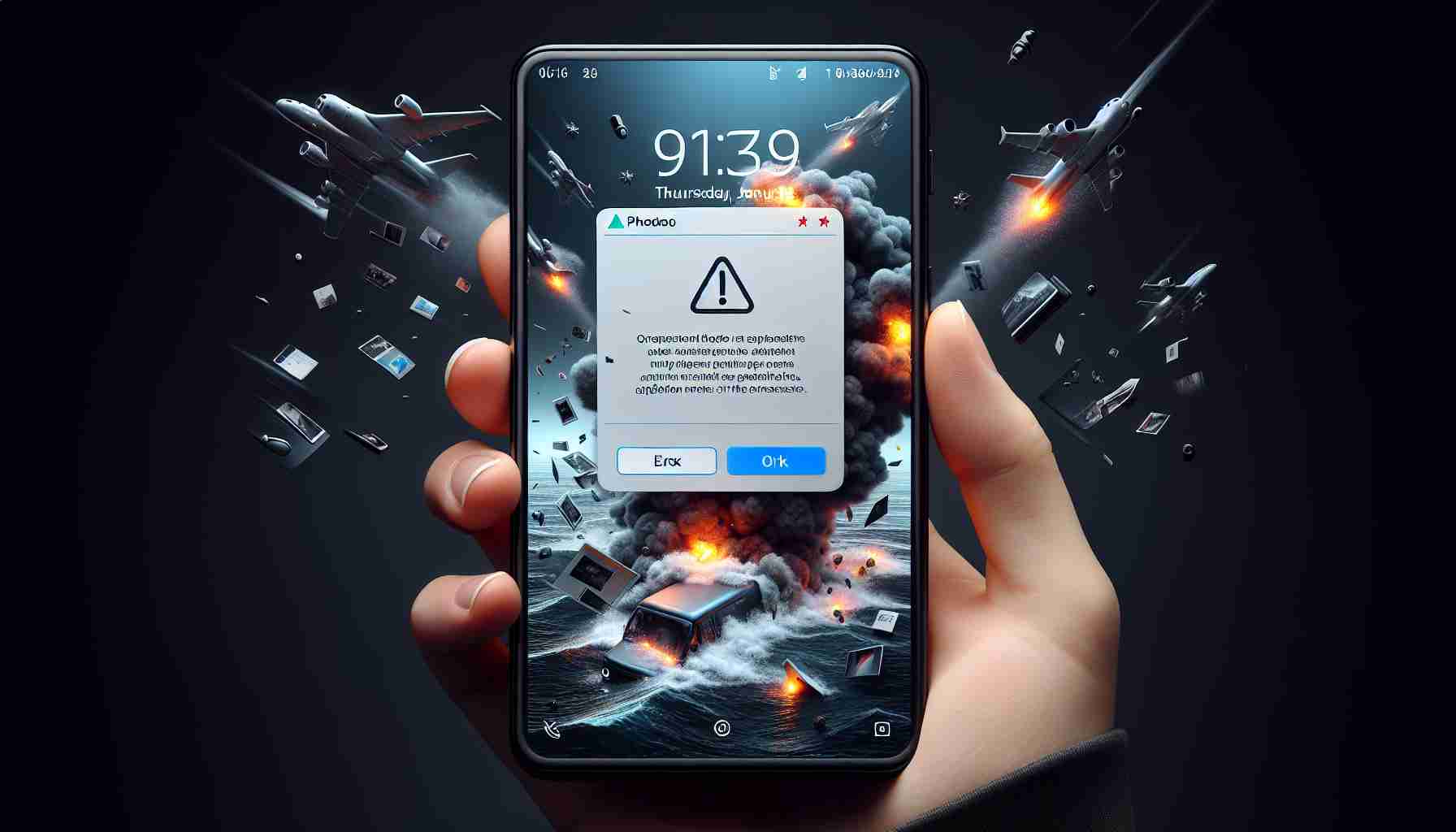 Create a realistic, high-definition image depicting the situation of a mobile photo application experiencing unexpected crashes. The screen of the phone should display an error message to symbolize the crash, surrounded by a sleek smartphone design. Include details, like the user's helpless reaction to the problem and the chaos it creates, while trying to use the application.