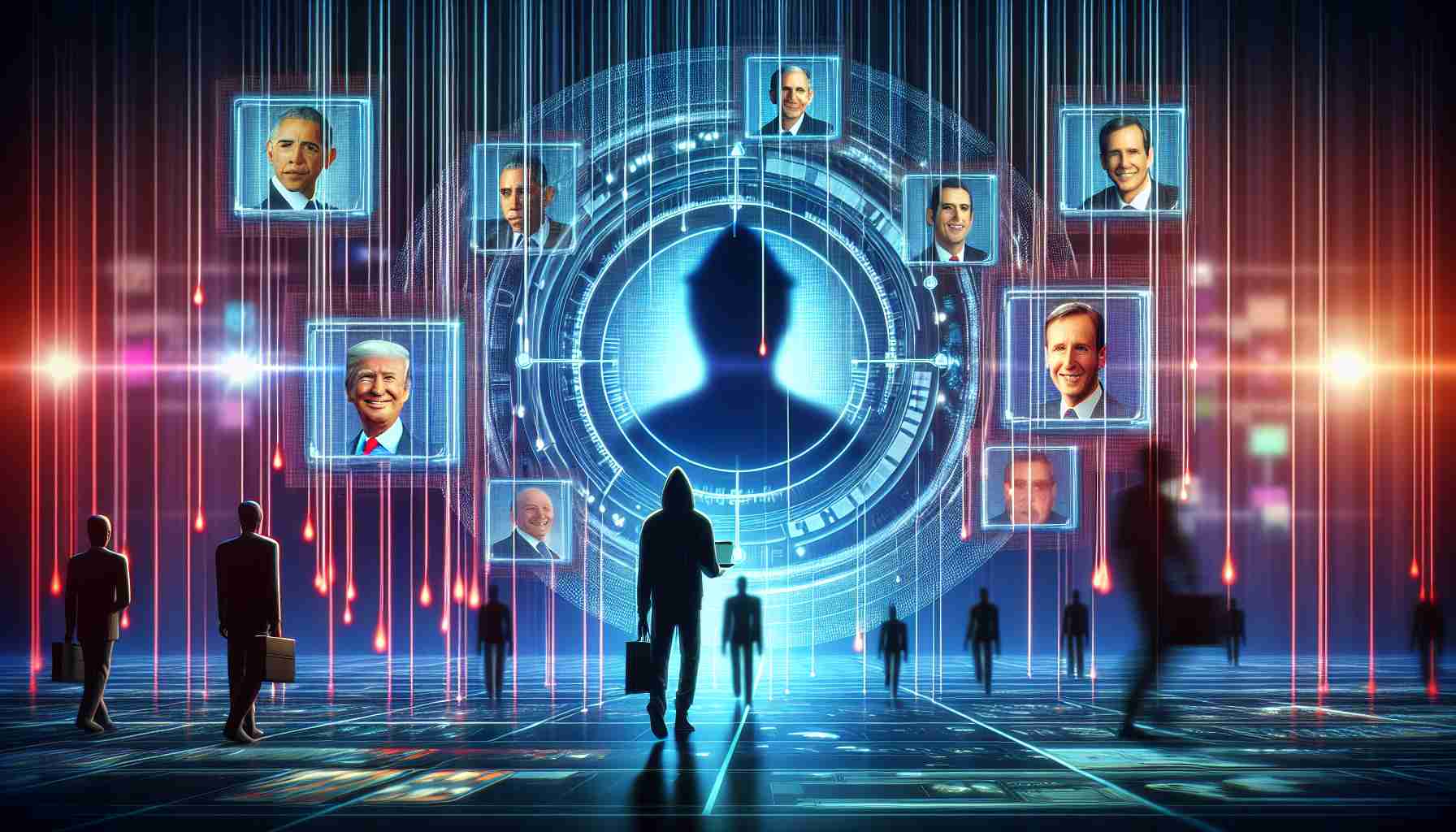 A high-definition digital illustration symbolizing cyber intrusions targeting political figures. Picture a scene with a virtual environment, teeming with streams of vibrant data flow. Digital icons representing political candidates are under a targeted cyber-attack. Shadows of strategic hackers, vague and nebulous, appear in the background signifying an imminent threat. Please make sure this display doesn't resemble any real person or identifiable figure.