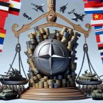 A highly detailed, realistic depiction of a metaphorical image representing the increase in pressure on NATO members for defense spending. This could be visualized as a large weighing scale with dollar, euro, or other currency symbols on one side being pushed down. On the other side, a stack of military symbols such as tanks, fighter jets, ships, representing defense spending, is on the rise. Various representational flags from NATO member countries flutter around in the background creating a solemn mood.