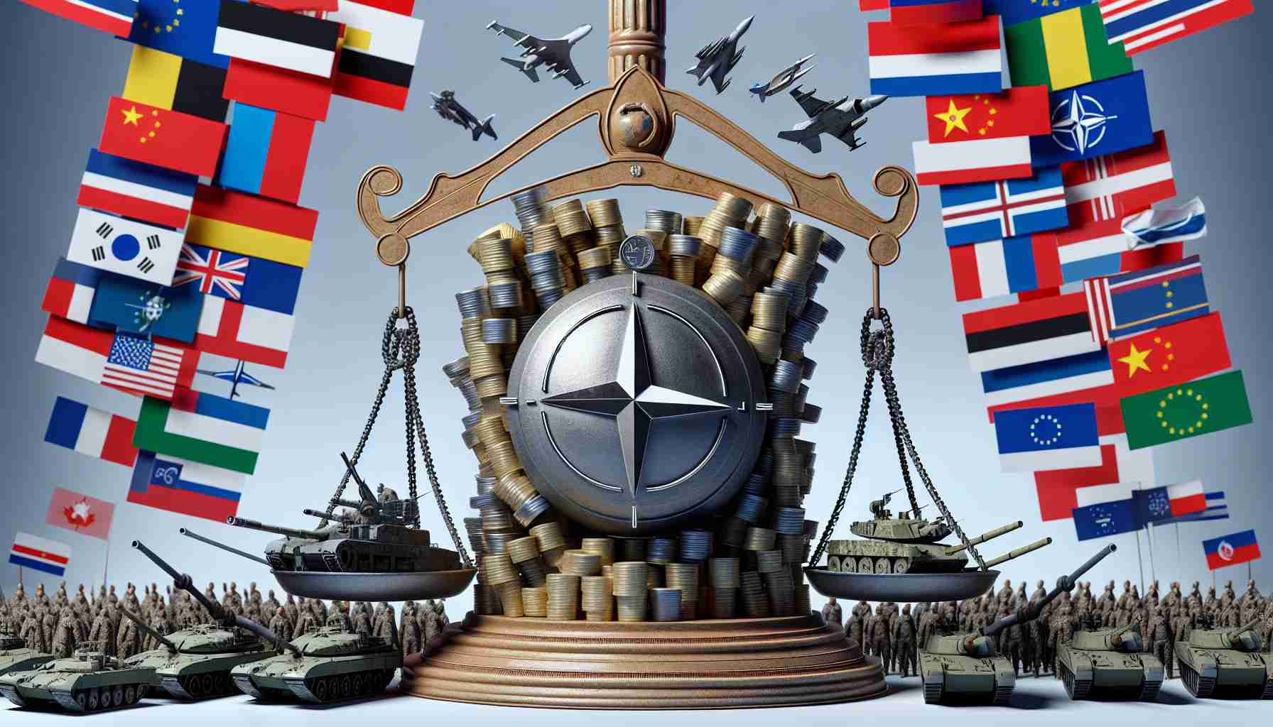 A highly detailed, realistic depiction of a metaphorical image representing the increase in pressure on NATO members for defense spending. This could be visualized as a large weighing scale with dollar, euro, or other currency symbols on one side being pushed down. On the other side, a stack of military symbols such as tanks, fighter jets, ships, representing defense spending, is on the rise. Various representational flags from NATO member countries flutter around in the background creating a solemn mood.