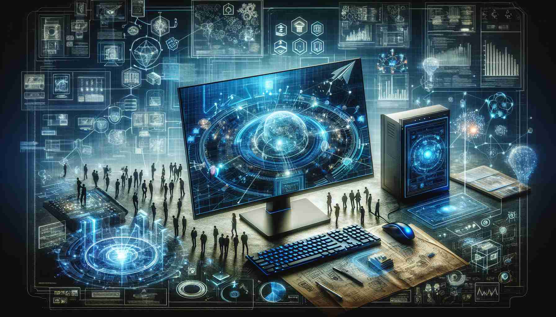 A high-definition photograph depicting the recent advances in PC technology, showcasing innovation and collaboration. The scene includes an array of cutting-edge PC hardware such as a super sleek monitor displaying holographic projections, a keyboard with adaptive key technology, and an ultramodern mouse with touch-sensitive surface. Also present are networks of individuals, represented by interconnected holograms, symbolizing collaborative partnerships. Noticeable in the backdrop are diagrams, flowcharts, and prototype sketches illustrating the advanced research and development involved. This image provides a glimpse into the dynamic and evolving landscape of PC technology.