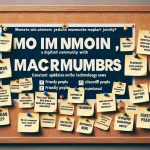 Generate a high-definition, realistic image of a public bulletin board promoting a digital community called 'MacRumors'. The board should be filled with various sticky notes, each one inviting people to join the community, highlighting various features and advantages. These can include friendly people, constant updates on technology news, and a supportive environment. The background should be a classic corkboard texture with thumbtacks holding the notes.