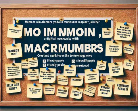 Generate a high-definition, realistic image of a public bulletin board promoting a digital community called 'MacRumors'. The board should be filled with various sticky notes, each one inviting people to join the community, highlighting various features and advantages. These can include friendly people, constant updates on technology news, and a supportive environment. The background should be a classic corkboard texture with thumbtacks holding the notes.