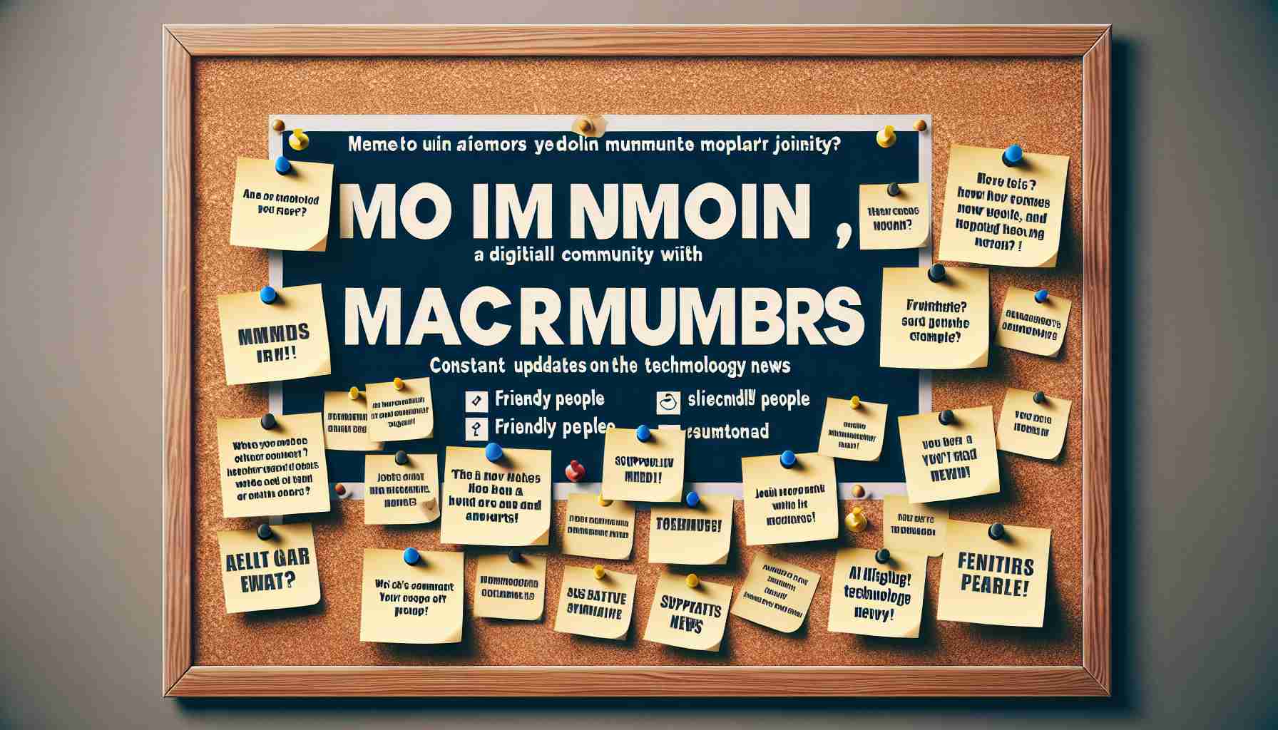 Generate a high-definition, realistic image of a public bulletin board promoting a digital community called 'MacRumors'. The board should be filled with various sticky notes, each one inviting people to join the community, highlighting various features and advantages. These can include friendly people, constant updates on technology news, and a supportive environment. The background should be a classic corkboard texture with thumbtacks holding the notes.