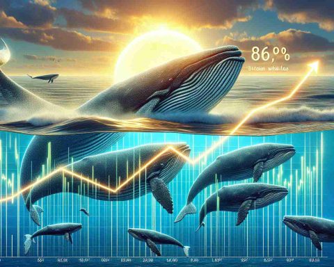 A highly detailed and realistic image displaying the concept of an increase in Bitcoin whales signalling potential surge in price.  Portray a graph with an ascending curve to indicate the growth of Bitcoin whales over time. This graph should be placed over an oceanic backdrop, with large whales depicting the Bitcoin investors. Show the whales increasing in size to denote their growing influence and success. As for the potential price surge, represent it as a glowing sun rising over the horizon, symbolizing a bright future for Bitcoin. The image should be in high-definition.