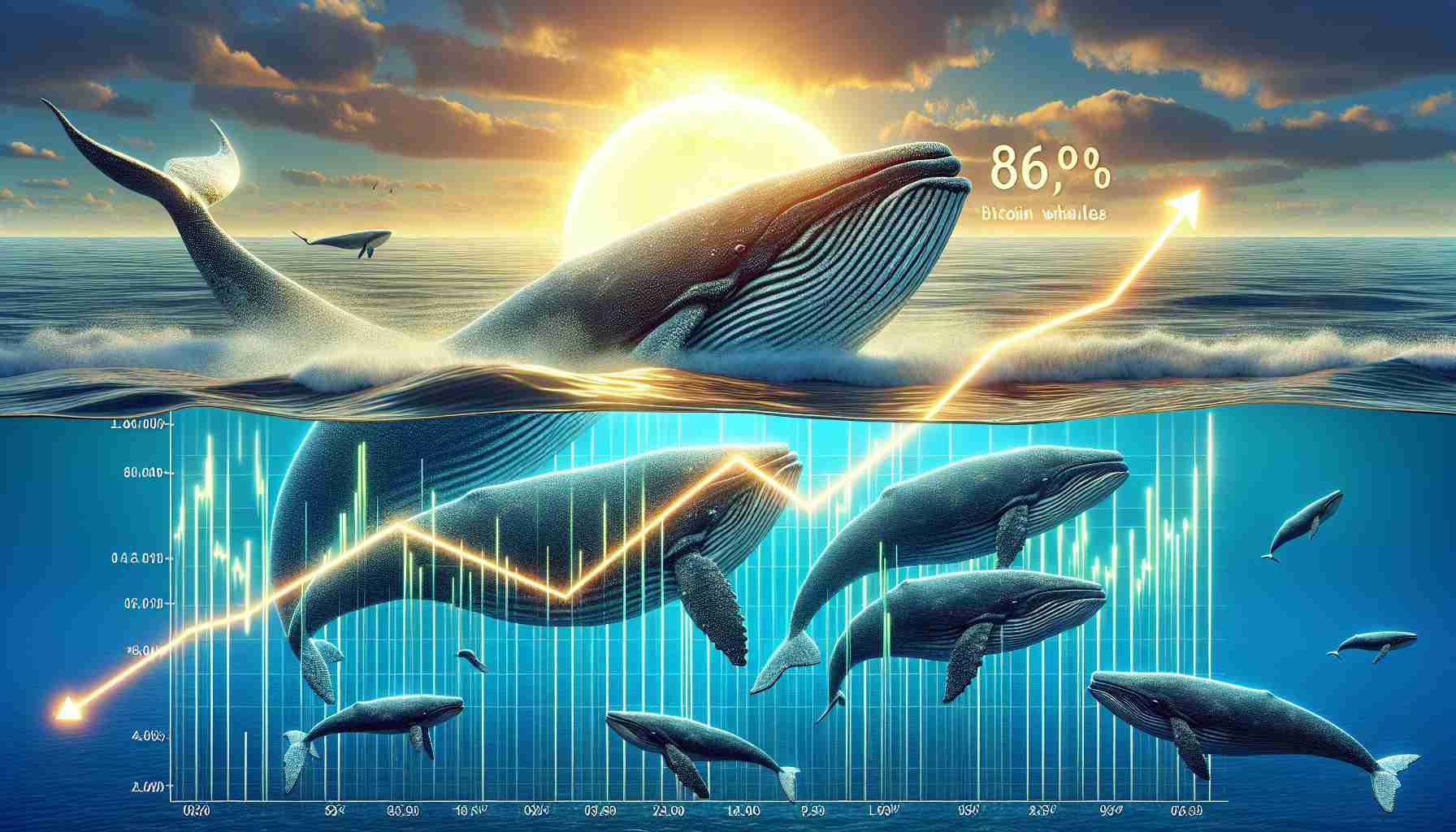 A highly detailed and realistic image displaying the concept of an increase in Bitcoin whales signalling potential surge in price.  Portray a graph with an ascending curve to indicate the growth of Bitcoin whales over time. This graph should be placed over an oceanic backdrop, with large whales depicting the Bitcoin investors. Show the whales increasing in size to denote their growing influence and success. As for the potential price surge, represent it as a glowing sun rising over the horizon, symbolizing a bright future for Bitcoin. The image should be in high-definition.