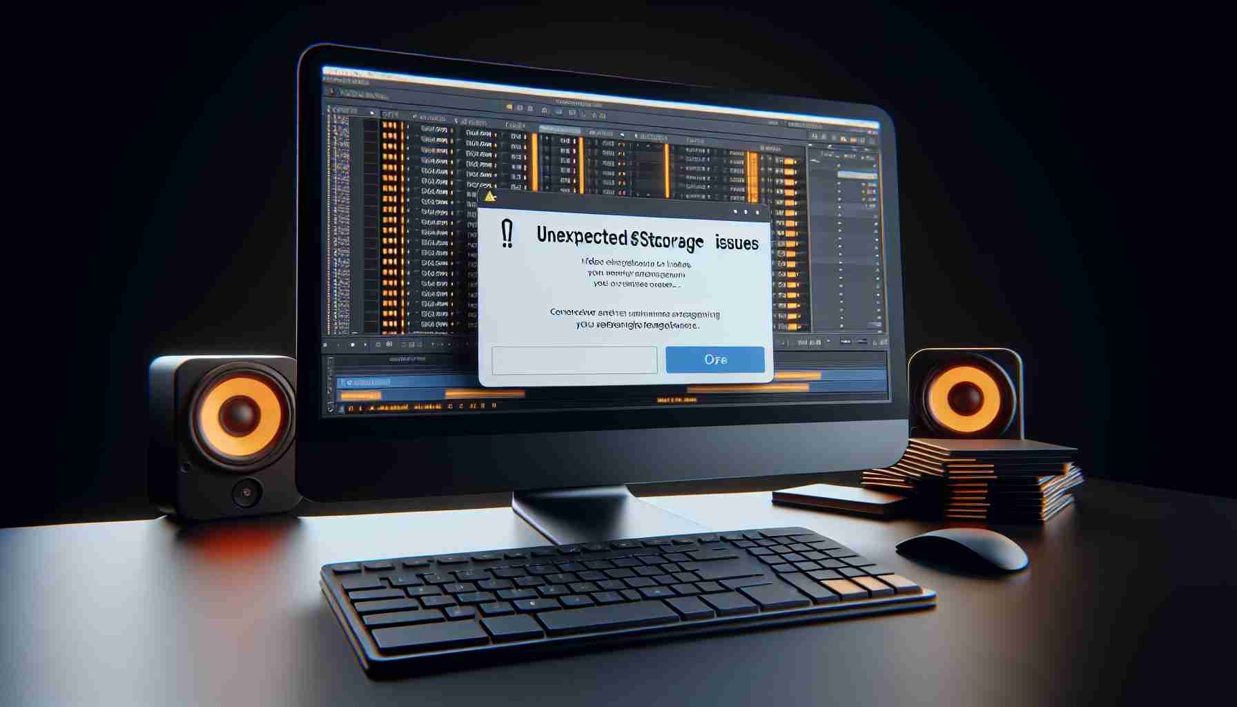 Generate a realistic high-definition image showcasing unexpected storage issues during the video import process in a generic video-editing software. The scene should include a computer monitor displaying an error message about storage insufficiency, with the video importing interface in the background.