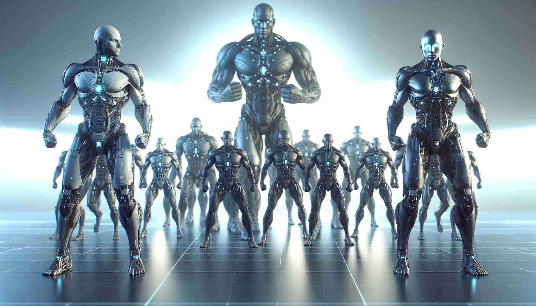 A realistic, high-definition image capturing the anticipation of an exciting showdown between futuristic titan-like figures. These figures represent different sectors of advanced technology. Each figure appears ready for competition, embodying attributes of their respective technology sectors. The setting is during the month of December, noticeable by a subtle touch of winter elements in the background.