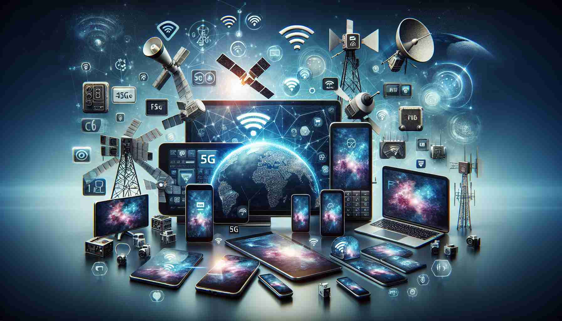 High-definition, realistic image showcasing an array of exciting new connectivity options from a generic telecommunications company. The image could include various devices such as smartphones, tablets, and laptops, all showing strong signals, and several symbols representing different types of modern connectivity solutions like 5G, WiFi 6, and satellite connectivity.