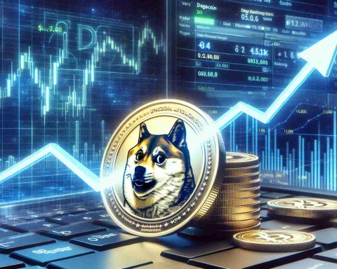 A high-definition image simulating the concept of the cryptocurrency Dogecoin experiencing significant growth due to an unusual technical signal. The foreground should focus on a physical depiction of a Dogecoin, with an ascending arrow demonstrating its growth. In the background, digital graphs and charts might display analytical data, suggesting the rare technical signal