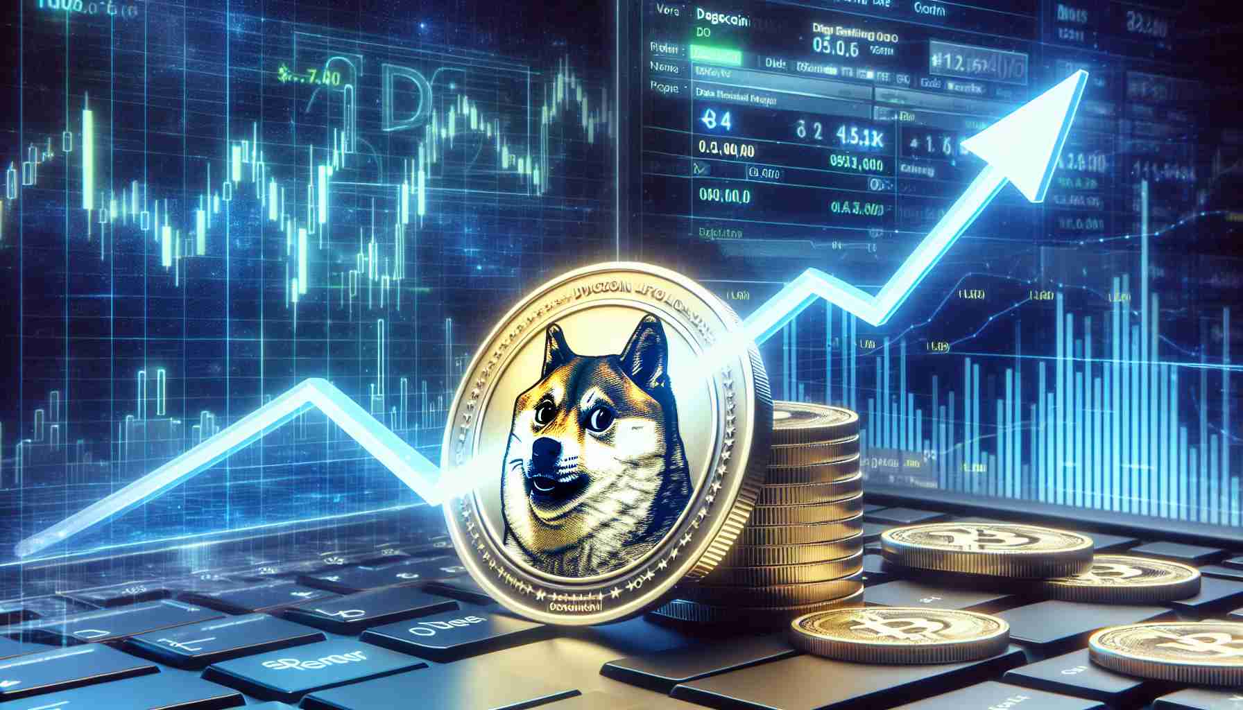 A high-definition image simulating the concept of the cryptocurrency Dogecoin experiencing significant growth due to an unusual technical signal. The foreground should focus on a physical depiction of a Dogecoin, with an ascending arrow demonstrating its growth. In the background, digital graphs and charts might display analytical data, suggesting the rare technical signal