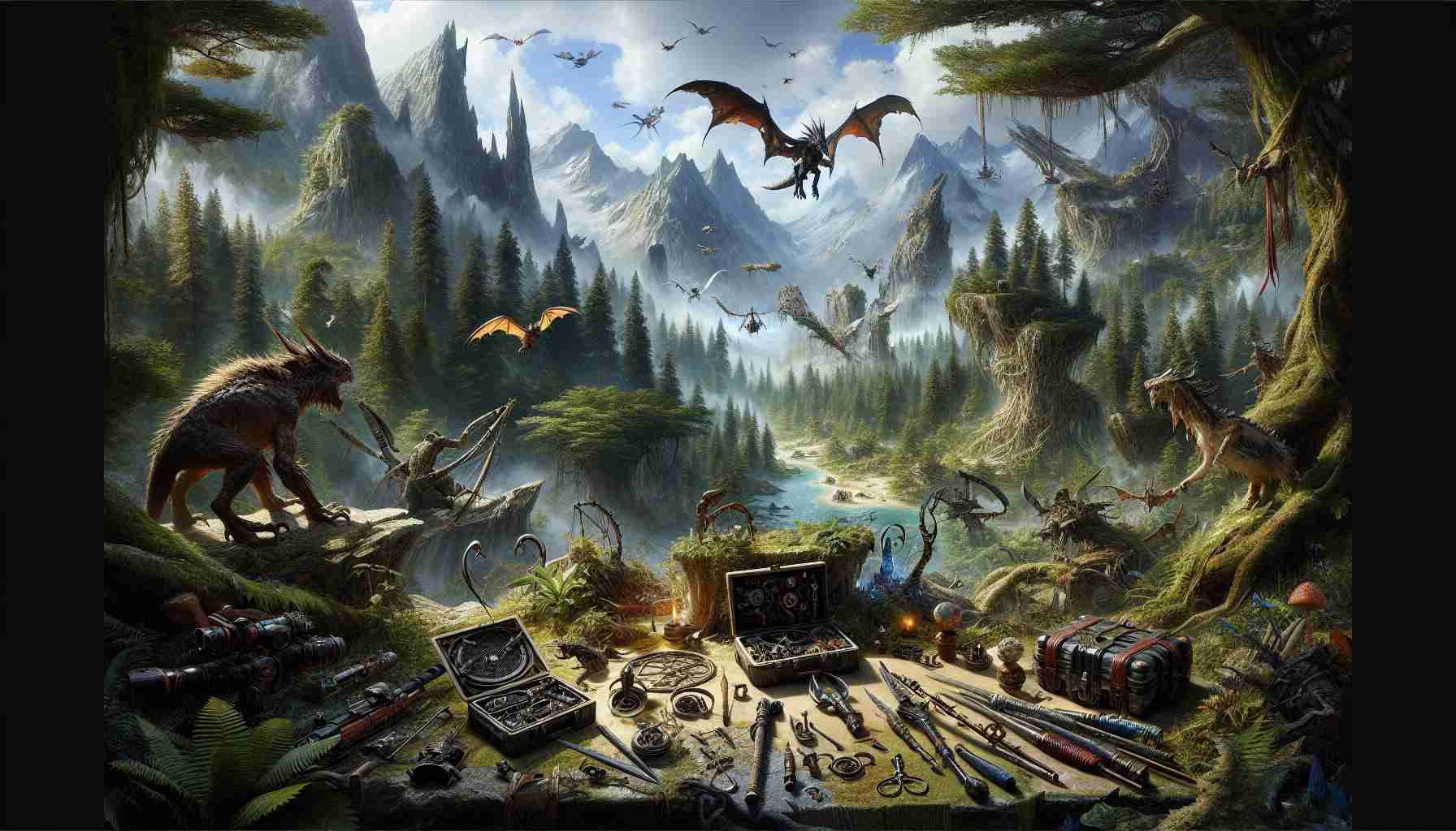 Highly detailed and realistic image of thrilling developments occurring within the context of a wilderness-based fantasy monster hunting game. The scene includes a diverse range of powerful and innovative tools and traps used for hunting. Around you can see the vast, primeval landscapes, with towering mountains, forests, and caves. Various types of fantastic creatures could be seen in the background, hidden within the dense foliage or soaring high in the skies. The scene is brimming with action, mystery, and anticipation, capturing the spirit of exploration, discovery, and adventure.