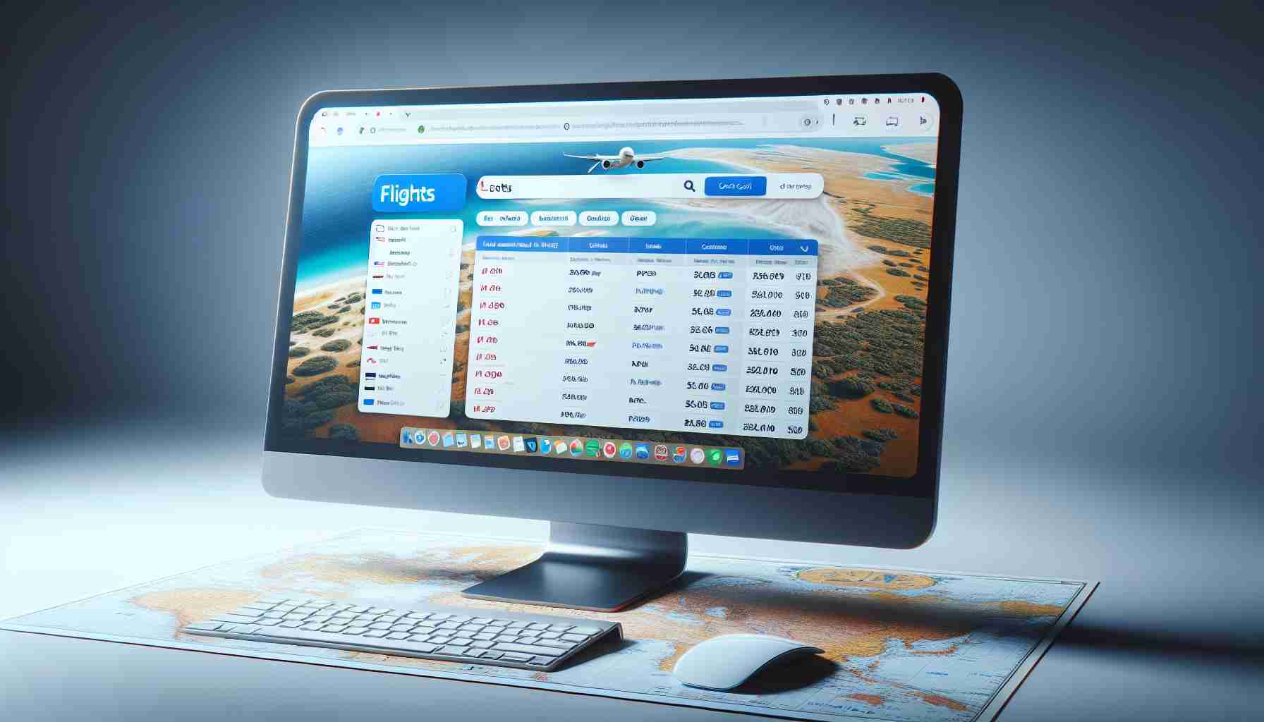 A realistic, high-definition image showcasing a computer screen with an opened web browser. In the browser, a popular travel search engine is loaded, particularly the flights section. The user interface is enhanced and streamlined, optimized for those who are budget-conscious. Display a variety of low-cost flight options on the screen, clearly labeled with prices, destinations, and airlines. The scene suggests a user trying to plan cost-effective travel, perhaps with a digital map displayed in a separate tab of the browser. It's a modern, comfortable setup, symbolizing convenience and efficient budget management.