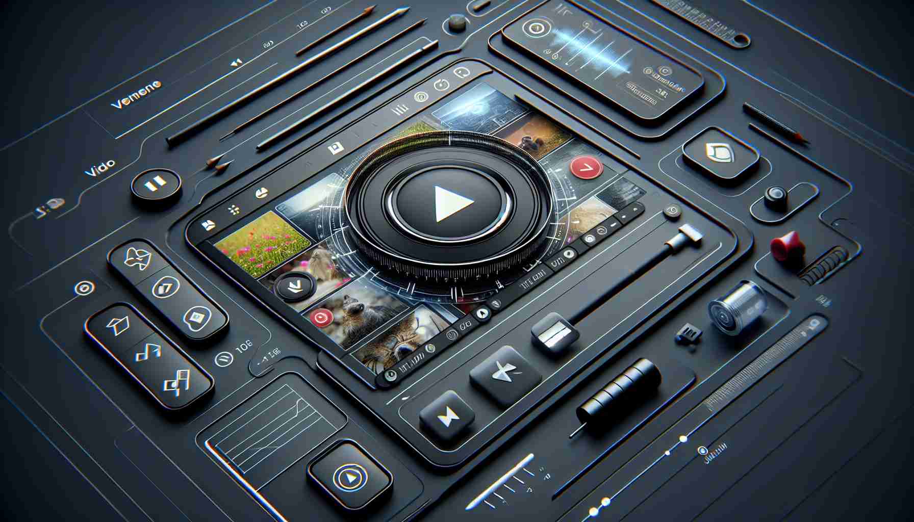 Realistic high-definition image showing a conceptual design for a modernized video player interface, with attributes indicating it to be a part of a digital photo management application. The interface includes features such as play/pause buttons, timeline slider, options for video speed editing, and maybe some other modern enhancements such as AI-powered editing options.