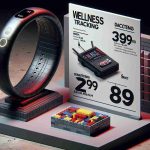 Create a high-definition, hyper-realistic image of a promotional display indicating exciting discounts on two distinctive items: a wellness tracking ring and a brick-based retro gaming console set. The wellness ring should be sleek, round and designed to be worn on the finger, featuring sensors and a digital interface. For the gaming set, it should look reminiscent of a classic 8-bit era console, made entirely from small, interlocking plastic bricks. Both items should be highlighted distinctively amidst the promotional materials, clearly indicating the sizable discount being offered.