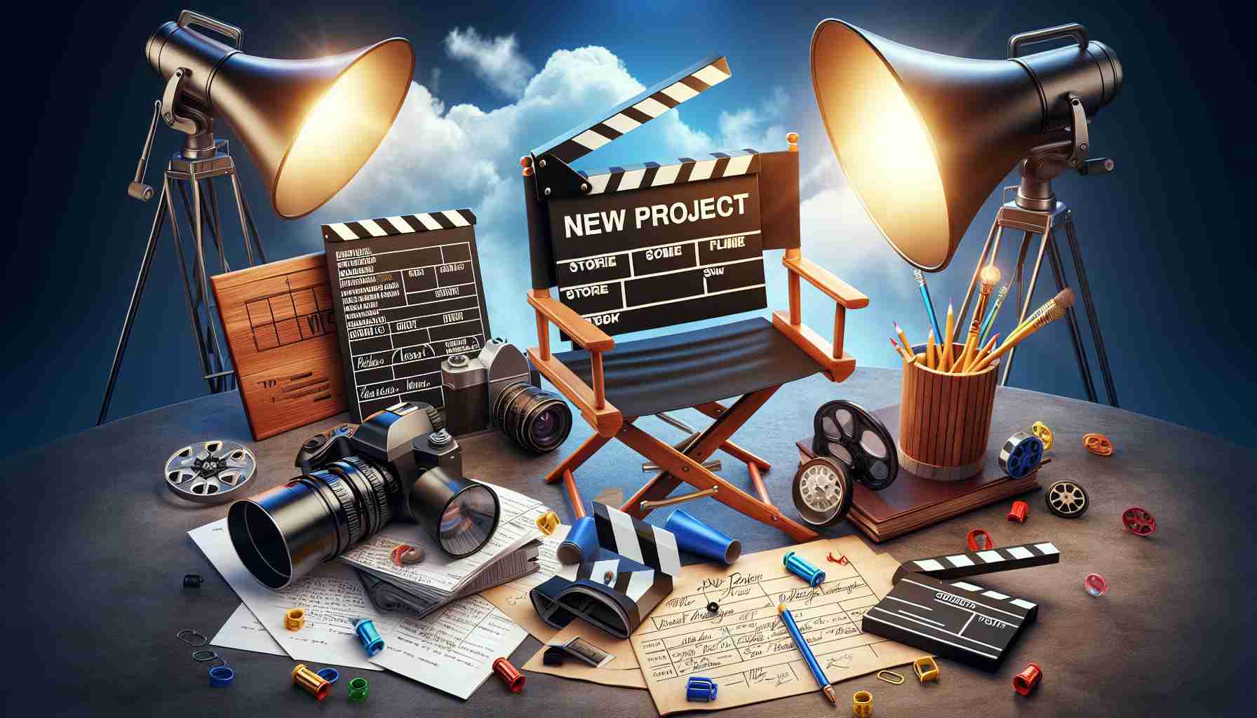 A realistic high-definition image that illustrates the excitement of new projects in the film and television industry. Pictorial elements might include a film clapperboard bearing the words 'New Project', a movie script on a table, a storyboard displaying scenes from an upcoming TV show, and a directors chair with a brand-new megaphone beside it. The scene is abuzz with activity and imagination, foretelling stories yet to be told, characters yet to be met, and dramas yet to unfold.