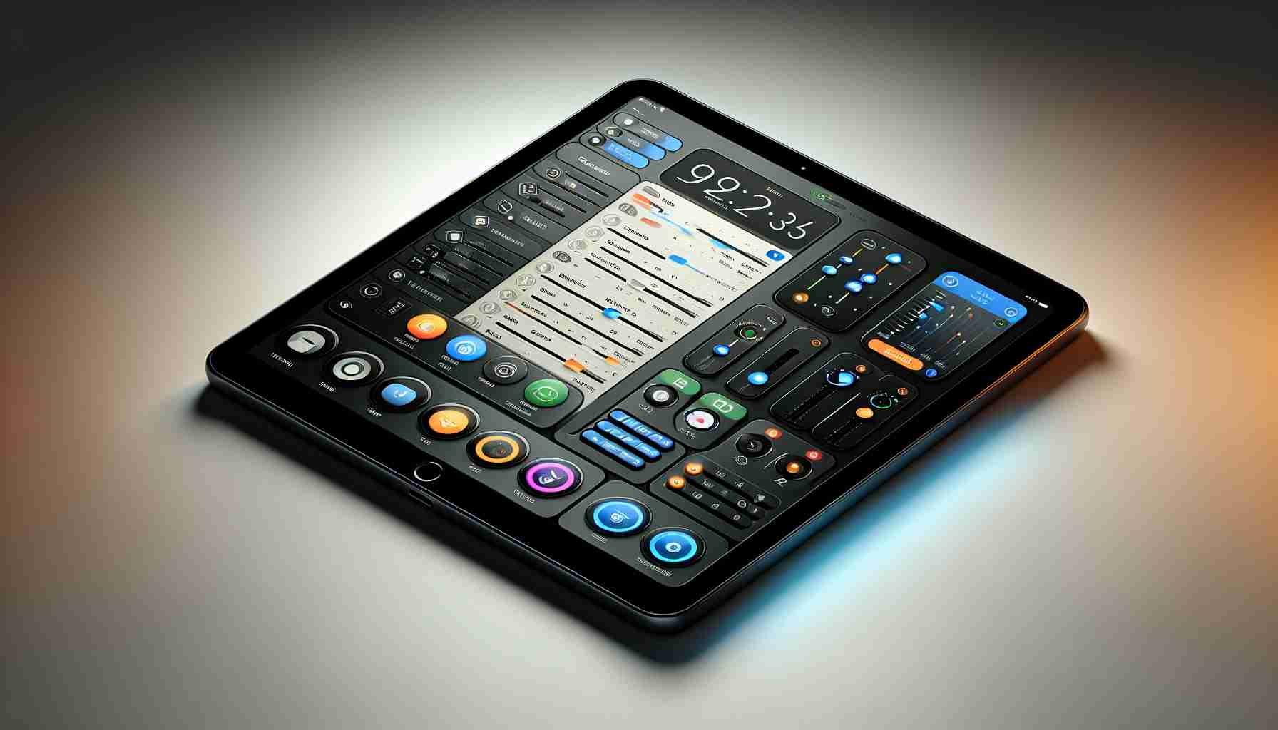 A high-definition, realistic image of an iPad Mini 7. The iPad is shown with various stage management apps open on its screen, indicating its potential use for stage managers. On the screen, there are multiple controls and settings, representative of various aspects of stage management like lighting, sound, and scheduling.