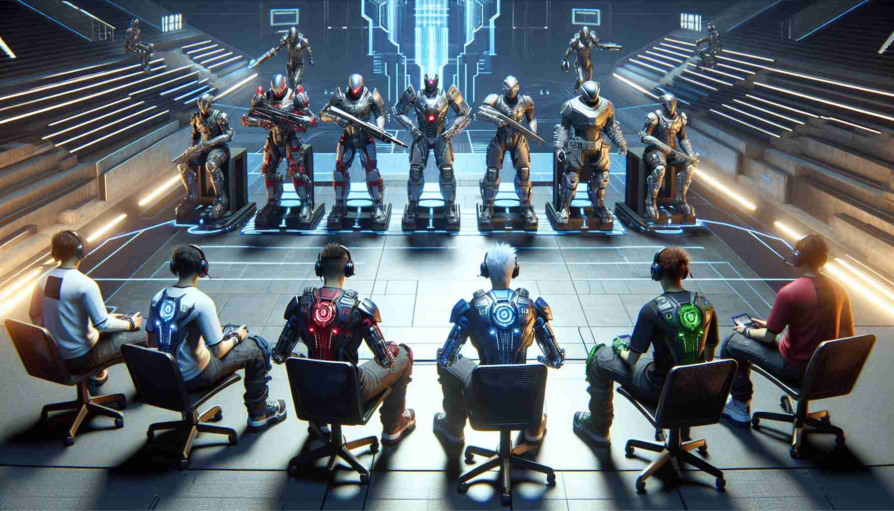 Generate a high-definition, realistic image of a competitive video game environment where two teams of six players each face off in an online match. The setting and outfits should evoke a future technology feel with a variety of roles and abilities visually expressed on each character. Highlight a futuristic, cybernetic landscape as well as characters equipped with appropriate gear. Note: avoid directly using any specific video game references or copyrighted content.