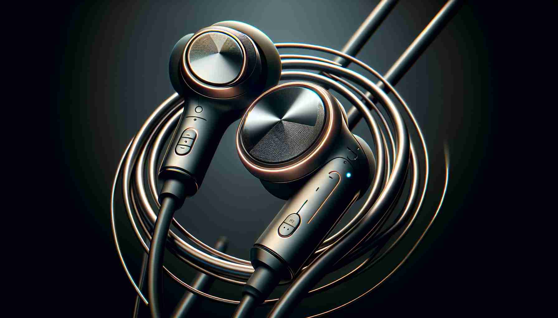 Generate a realistic, high-definition image of innovative earbuds catered towards the modern listener. The earbuds should have a sleek design, with smart touch controls, noise-cancelling feature, wreathed in a metallic hue. The wire should be minimalistic, exuding a wireless charm. They should be positioned on a contrasting background to highlight their modern and futuristic design.