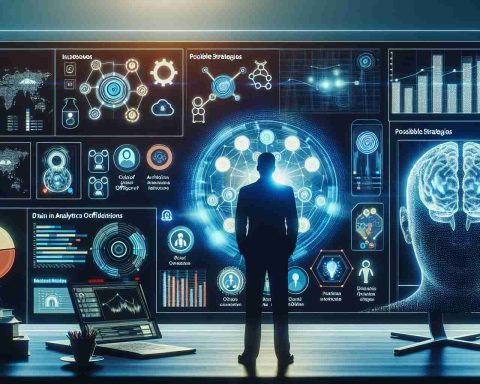 A realistic, high-definition image representing the strategic considerations for Chief Information Officers in the era of Artificial Intelligence. The image should include a table with various AI-related issues and possible strategies, a visualized data analytics report on a digital screen, and symbols of brain-machine interaction. In the background, there should be a silhouette of a person presumably the CIO, analyzing all these. The vibe of the picture should be modern and tech-oriented.