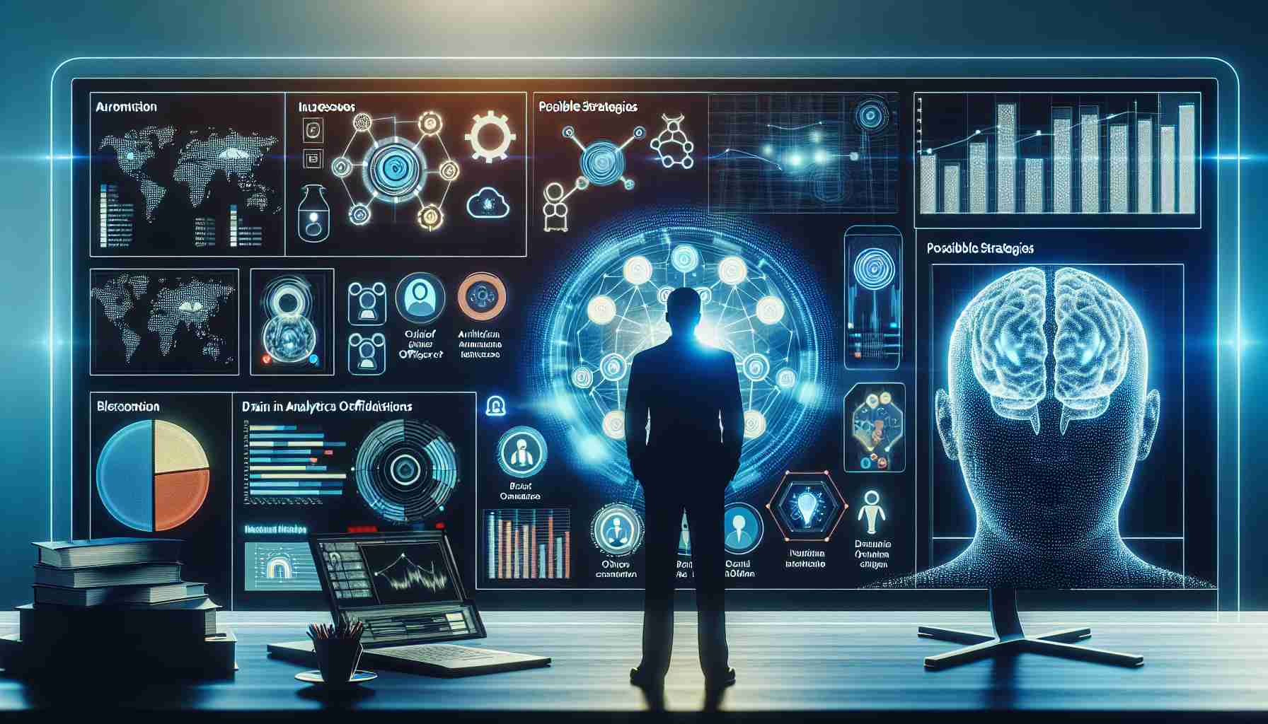 A realistic, high-definition image representing the strategic considerations for Chief Information Officers in the era of Artificial Intelligence. The image should include a table with various AI-related issues and possible strategies, a visualized data analytics report on a digital screen, and symbols of brain-machine interaction. In the background, there should be a silhouette of a person presumably the CIO, analyzing all these. The vibe of the picture should be modern and tech-oriented.