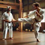 A high-resolution, realistic image showcasing the theme of 'New Beginnings' as inspired by a popular martial arts movie series. The scene features a young man and his mentor practicing karate in a dojo. The young Caucasian man, wearing a white gi, is performing a high kick while his older Asian mentor looks on approvingly. They are surrounded by wooden training equipment, an open floor space, and oriental decor, tremendously reminiscent of the much-loved film.