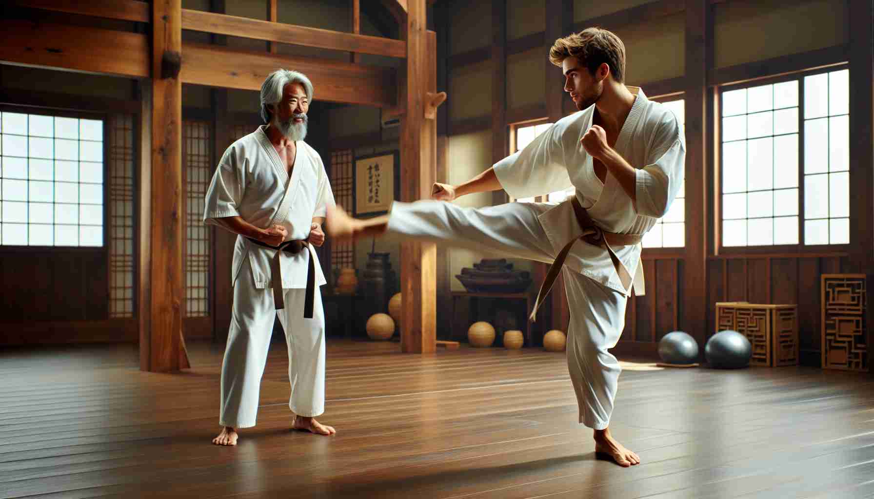 A high-resolution, realistic image showcasing the theme of 'New Beginnings' as inspired by a popular martial arts movie series. The scene features a young man and his mentor practicing karate in a dojo. The young Caucasian man, wearing a white gi, is performing a high kick while his older Asian mentor looks on approvingly. They are surrounded by wooden training equipment, an open floor space, and oriental decor, tremendously reminiscent of the much-loved film.