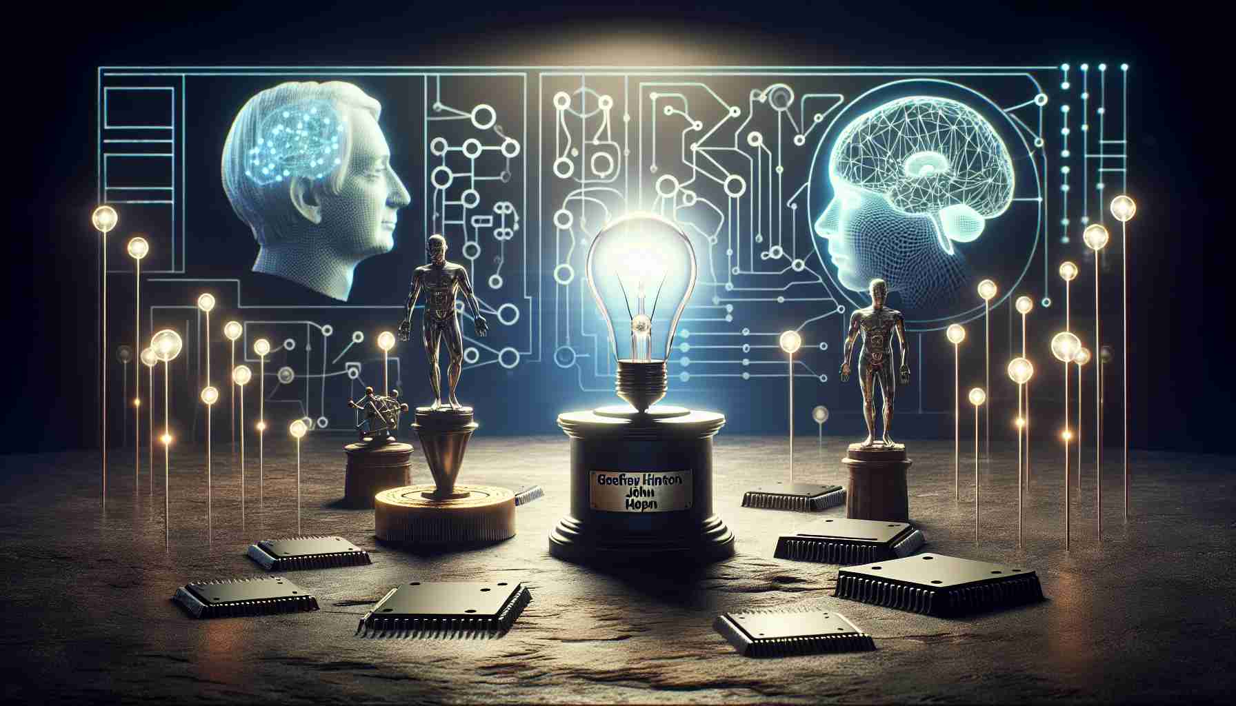 High Definition image depicting the concept of celebrating innovation, signified through symbolic items like a light bulb, computer chips, and neural network diagrams. These items serve as metaphors, for Geoffrey Hinton's and John Hopfield's groundbreaking contributions to the field of artificial intelligence and neural networks. The scene can be set in an atmospheric room with spotlight focusing on these symbolic items, conveying an atmosphere of respect, appreciation and celebration of scientific contributions.