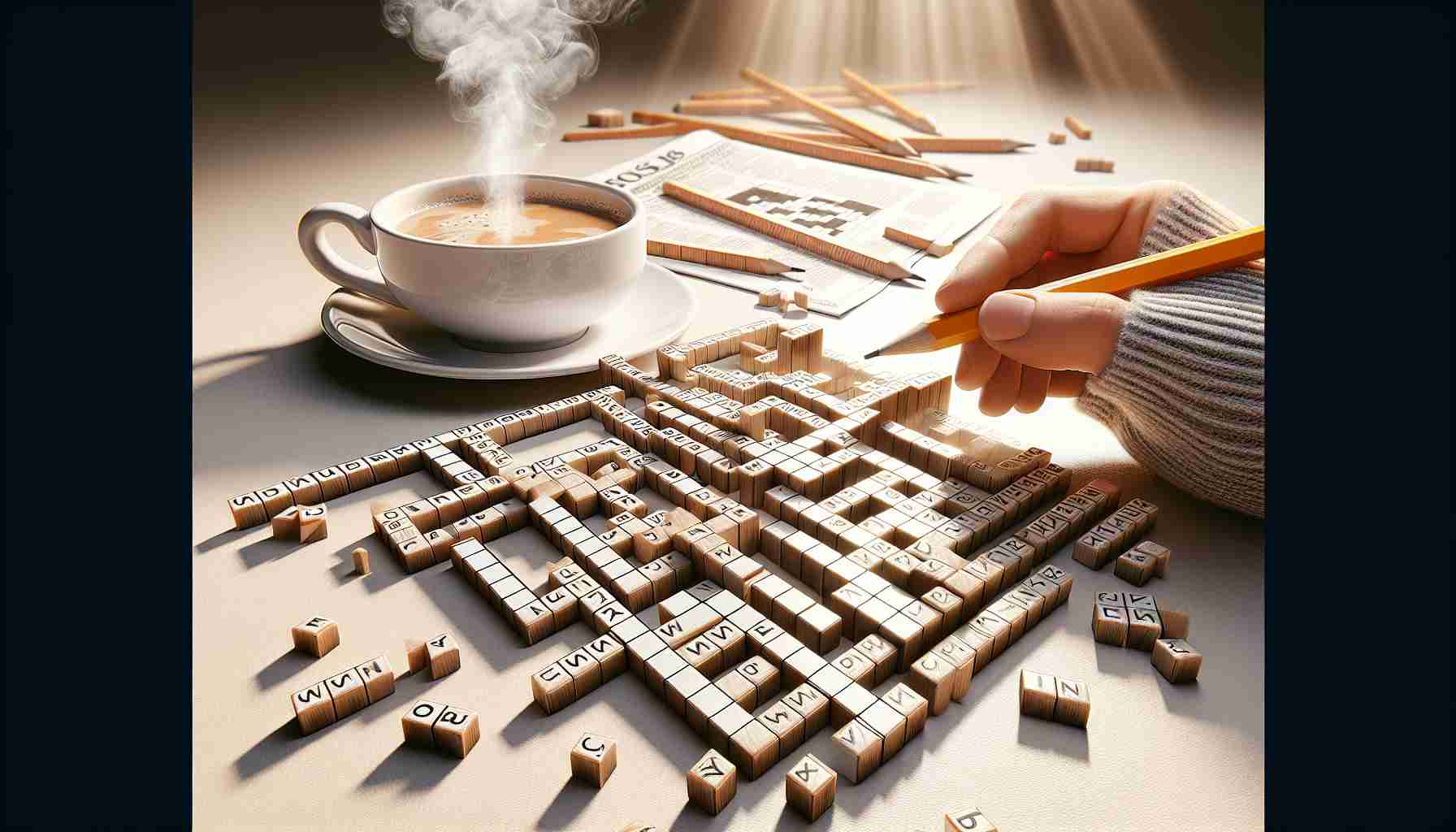 Create a realistic and high-definition composition that represents the joy of solving mini crosswords. Elements to include might be an individual caught in a moment of revelation as they solve the puzzle, pencil in hand, the crossword pattern prominently featured in the foreground, and perhaps a hot cup of coffee emitting steam on the side providing a cozy ambiance. The image should have a feeling of relaxation, fascination, and wonder often experienced when diving into these miniature mental challenges.