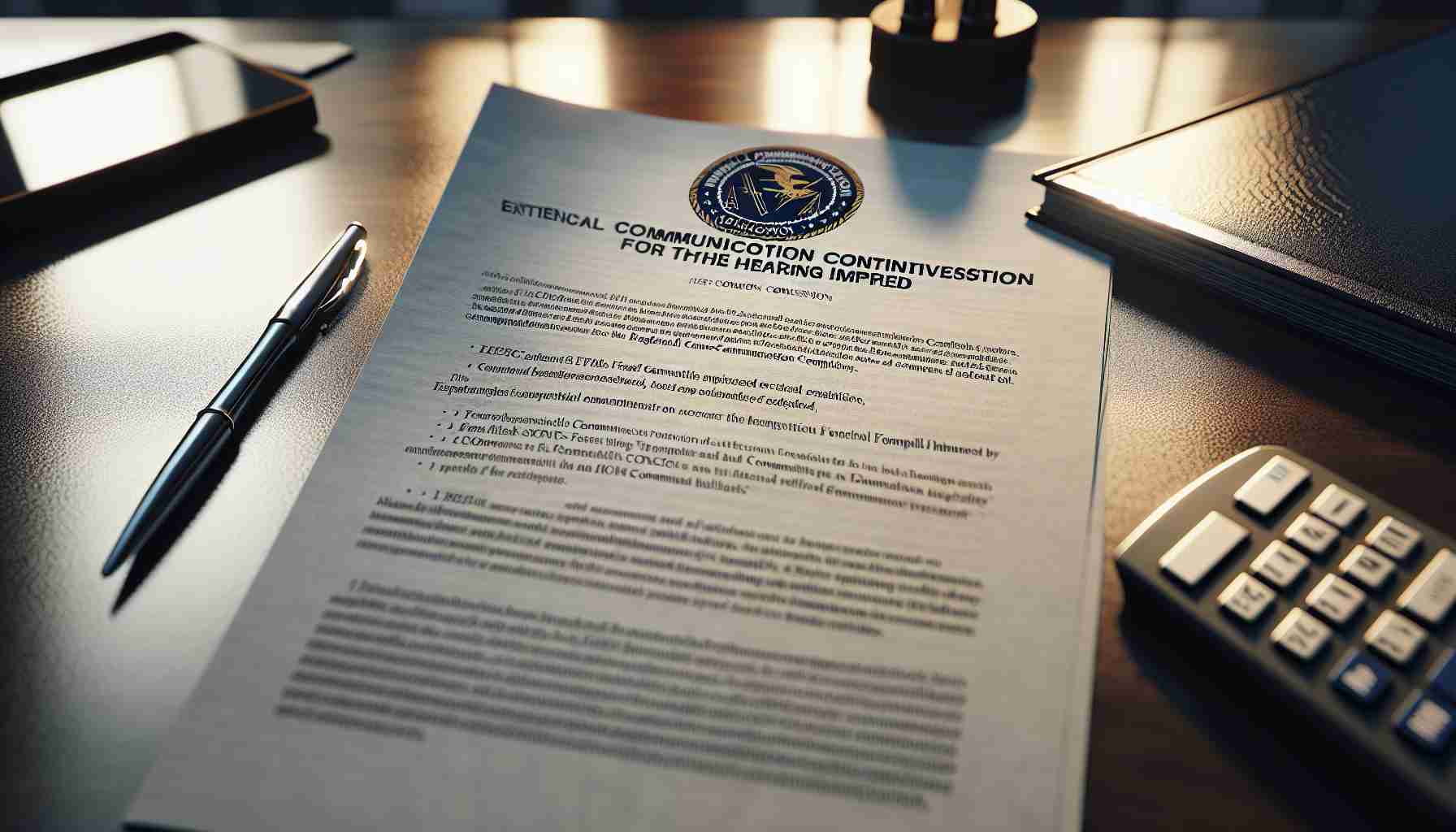 High-definition realistic portrayal of a document detailing a new hypothetical Federal Communications Commission regulation enhancing accessibility initiatives for the hearing impaired. The picture is a close-up of the paper document placed on an office table, with portions of the text focusing on measures to improve communication services for the hearing-impaired community. Lay a pen next to the document, implying a fresh annotation or signature. Illuminate the scene with soft, natural light from a nearby window.