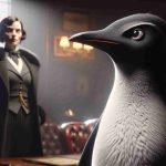 Render a realistic, high-definition depiction of a pivotal scene involving a Penguin character and a character named Sofia Falcone rising to power. The Penguin character, inspired by Arctic birds, has an upright posture, distinctive black-and-white appearance, and pronounced beak-like features. Sofia Falcone, a power-grabbing figure, stands tall, displaying a strong aura of leadership. The setting is a dimly lit room filled with vintage furniture, encapsulating the tension and gravity of the moment.