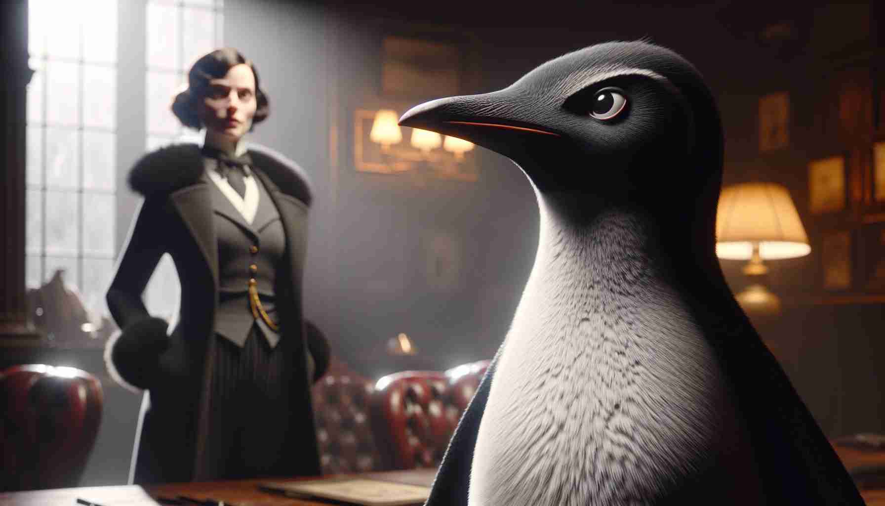 Render a realistic, high-definition depiction of a pivotal scene involving a Penguin character and a character named Sofia Falcone rising to power. The Penguin character, inspired by Arctic birds, has an upright posture, distinctive black-and-white appearance, and pronounced beak-like features. Sofia Falcone, a power-grabbing figure, stands tall, displaying a strong aura of leadership. The setting is a dimly lit room filled with vintage furniture, encapsulating the tension and gravity of the moment.