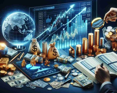 A high-definition, detailed and realistic image illustrating the concept of growth in financial markets. The scene could contain piles of paper currency (like dollars), coins, and gold bars. Digital screens can display upward rising graphs and charts, and an open ledger notebook with market analysis notes and calculations. A globe showing all continents may sit at the side, signifying worldwide financial markets. A hand holding a magnifying glass could be studying a pie chart, representing the exploration of market opportunities. Involved in the scene can be two finance professionals. One of them is a Caucasian woman, another one is a Middle-Eastern man, collaborating and discussing strategies.