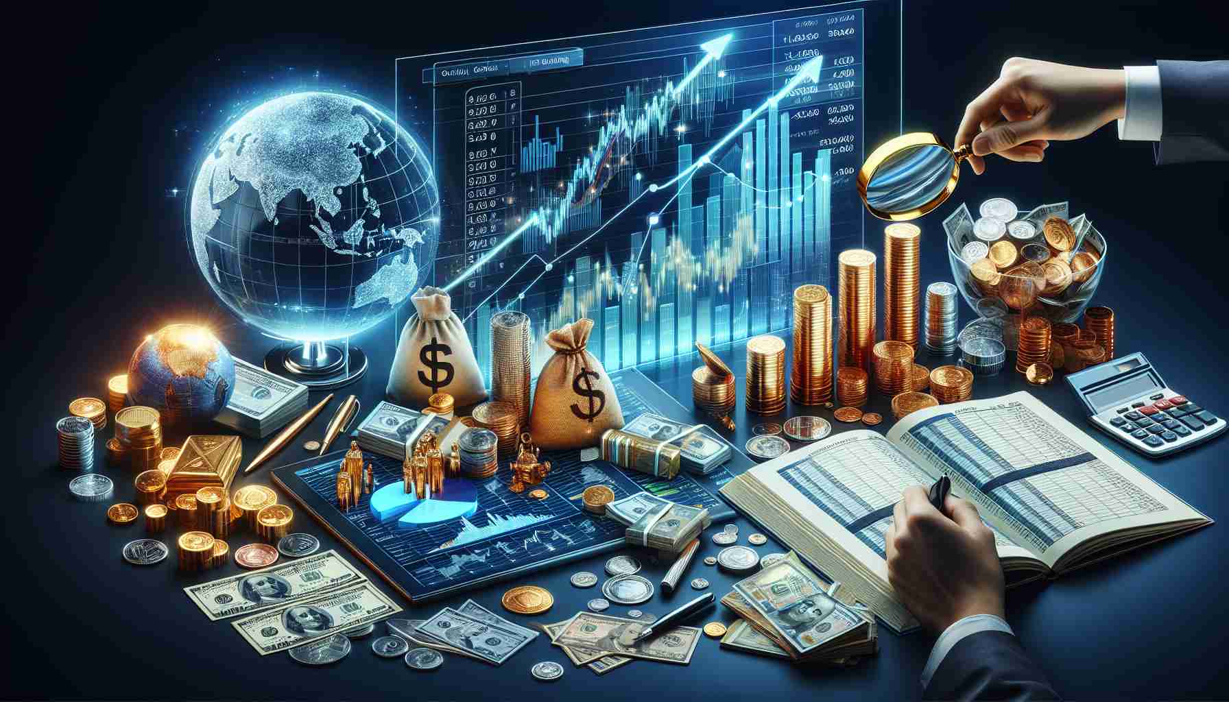 A high-definition, detailed and realistic image illustrating the concept of growth in financial markets. The scene could contain piles of paper currency (like dollars), coins, and gold bars. Digital screens can display upward rising graphs and charts, and an open ledger notebook with market analysis notes and calculations. A globe showing all continents may sit at the side, signifying worldwide financial markets. A hand holding a magnifying glass could be studying a pie chart, representing the exploration of market opportunities. Involved in the scene can be two finance professionals. One of them is a Caucasian woman, another one is a Middle-Eastern man, collaborating and discussing strategies.