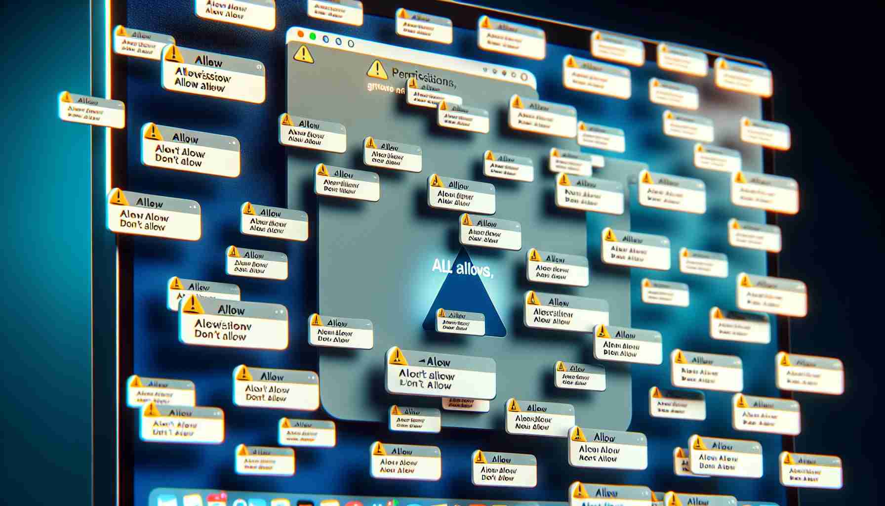 A high-definition, photorealistic image depicting a computer screen with excessive permission alert notifications appearing on the macOS Sequoia interface. The alerts fill up the screen, popping up one after the other, creating a sense of overwhelming clutter. Close-up view showcases the 'allow' and 'don't allow' options in each notification.