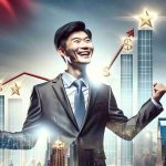 Realistic HD image of a successful East Asian businessperson celebrating as they ascend to the top of a symbolic chart or ladder that represents a billionaire's list in China. The businessperson should be beaming, dressed in a high-quality, modern suit indicative of their status. The background should consist of a majestic skyline depicting the modern marvels of Chinese architecture. This should represent their progress and subsequent dominance in the Chinese business world.