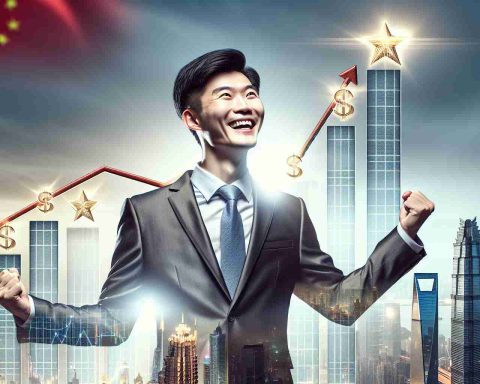 Realistic HD image of a successful East Asian businessperson celebrating as they ascend to the top of a symbolic chart or ladder that represents a billionaire's list in China. The businessperson should be beaming, dressed in a high-quality, modern suit indicative of their status. The background should consist of a majestic skyline depicting the modern marvels of Chinese architecture. This should represent their progress and subsequent dominance in the Chinese business world.