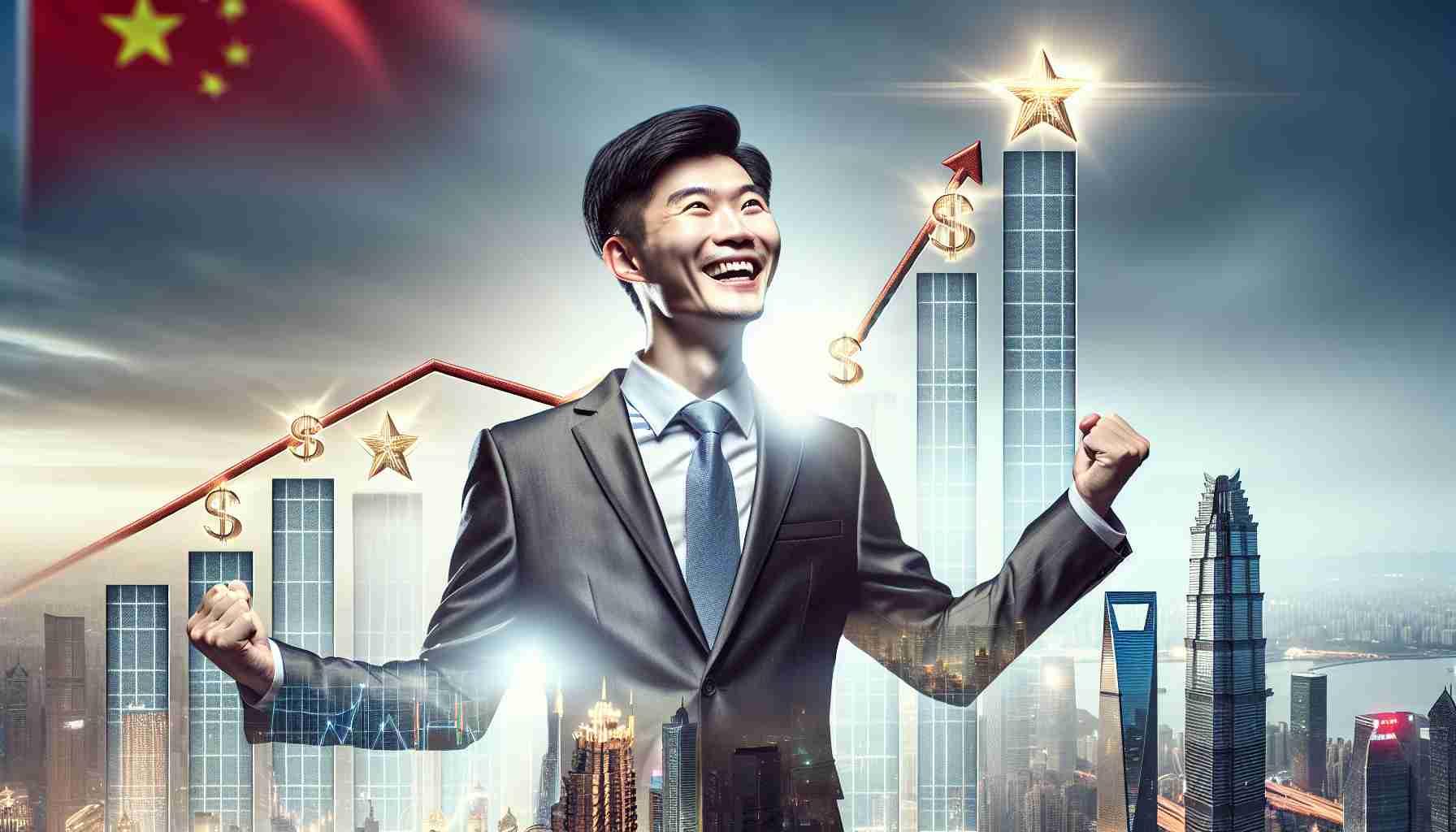 Realistic HD image of a successful East Asian businessperson celebrating as they ascend to the top of a symbolic chart or ladder that represents a billionaire's list in China. The businessperson should be beaming, dressed in a high-quality, modern suit indicative of their status. The background should consist of a majestic skyline depicting the modern marvels of Chinese architecture. This should represent their progress and subsequent dominance in the Chinese business world.