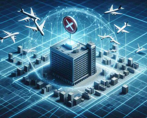 Generate a high-definition, realistic image depicting a generic technology company taking action against accounts that monitor and track airplane movements. In the image, portray a symbolic representation of the company as a building, and the said accounts as airplane icons. Let there be virtual lines between the company building and each airplane, indicating the act of tracking the airplanes. Additionally, show a stop sign or a red cross with the company logo, signifying the action against these accounts.