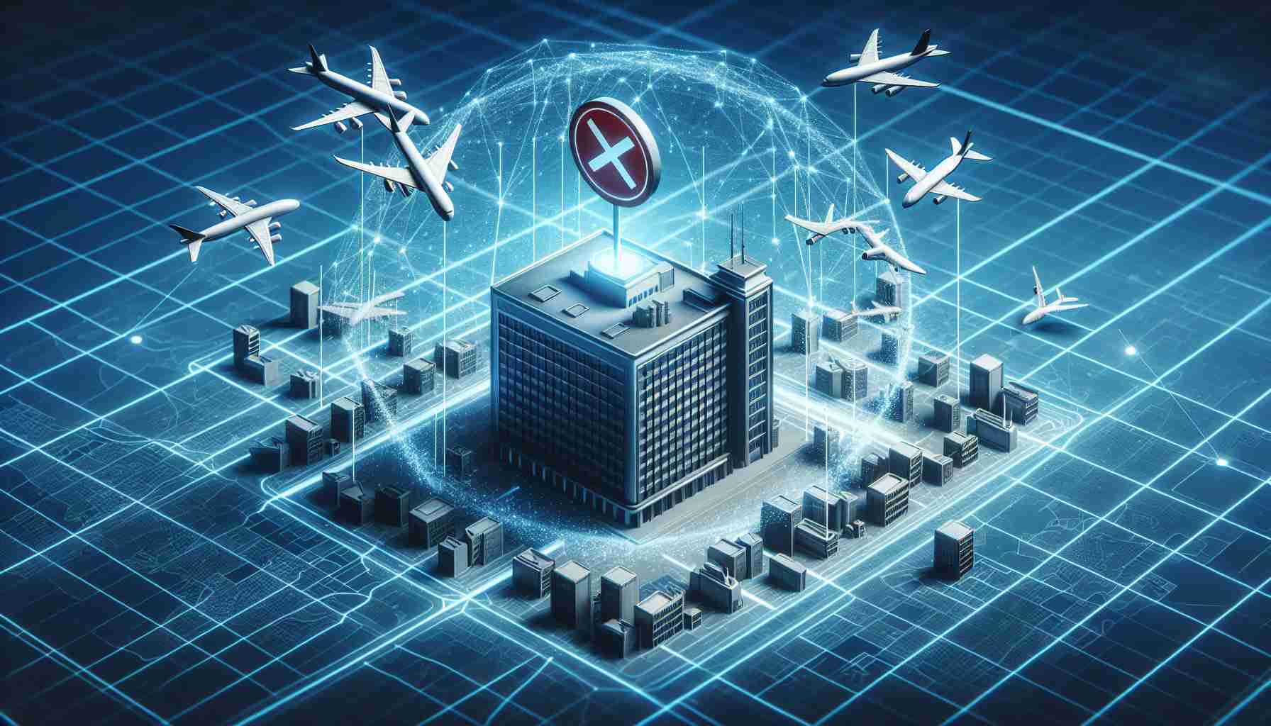 Generate a high-definition, realistic image depicting a generic technology company taking action against accounts that monitor and track airplane movements. In the image, portray a symbolic representation of the company as a building, and the said accounts as airplane icons. Let there be virtual lines between the company building and each airplane, indicating the act of tracking the airplanes. Additionally, show a stop sign or a red cross with the company logo, signifying the action against these accounts.