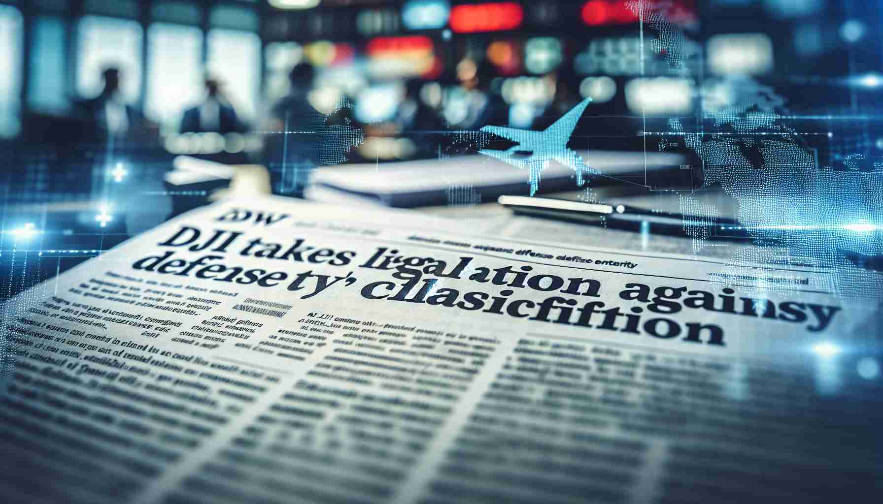 A detailed and high-definition image of the news headline, 'DJI Takes Legal Action Against Defense Entity's Classification'. The headline is prominently displayed in a bold, legible font against an appropriate backdrop, such as a blur of a busy office environment or a newspaper layout. The overall ambiance and aesthetics should communicate the urgency and seriousness of the information conveyed by the headline.