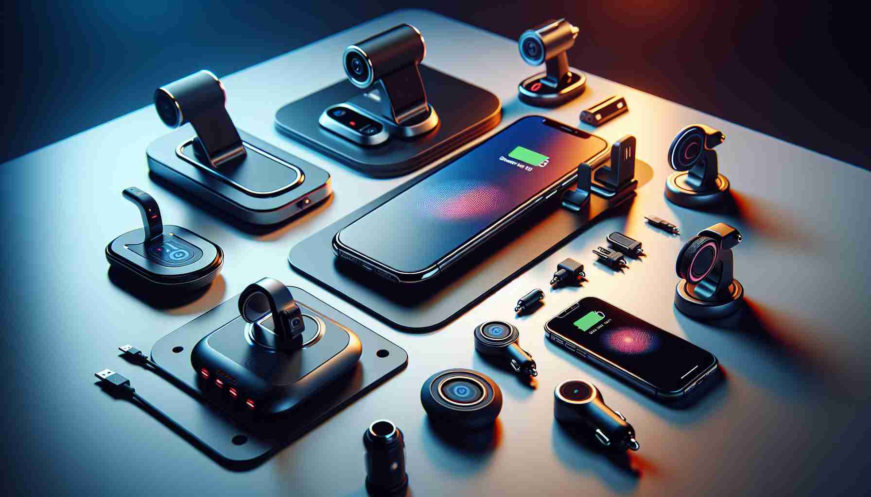 Realistic image of an exploration scene featuring various types of top wireless car chargers for iPhone. The scene depicts a collection of chargers that are sleek and modern in design. Include close-ups of the key features such as the charging pad, connector, and mounting clips. Use vibrant lighting to enhance the chargers' aesthetic appeal. The setting is a clean, well-lit table making the chargers the main focus.