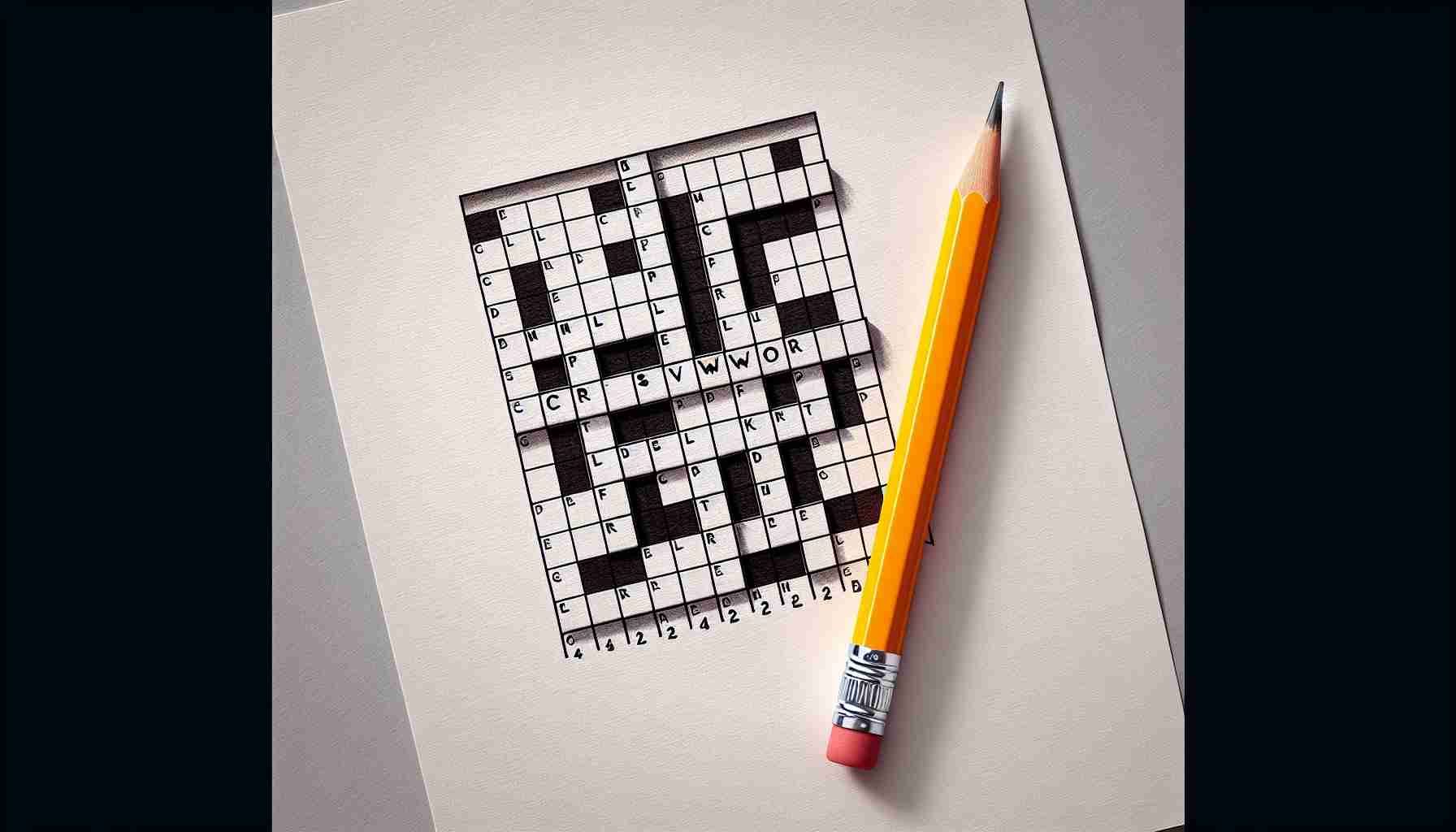 Create a realistic, high-resolution image of a mini version of a Quick Crossword Fun. The crossword should be small with a compact arrangement of words. Ensure the grid is bold, crisp, and marked with black and white squares. The clues are there on the side - easy yet engaging enough to draw in even the quick-witted. The pencil rests upon the paper, ready to fill in the blanks.