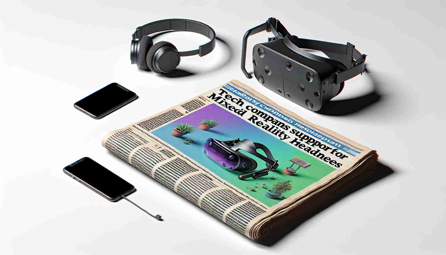 Create a detailed and realistic high-definition image that depicts a newspaper headline announcing 'Tech Company Ends Support for Mixed Reality Headsets'. Also include an image of discontinued mixed reality headsets next to the newspaper.