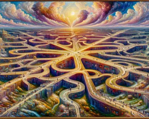 A hyper-realistic, high-definition depiction of a concept known as 'AI's Unintended Diversions': Envision a large, complex central path signifying the intended direction of an AI algorithm. This path is flanked by numerous smaller, intricate detours representing diversions, each one unique and detailed. Set the entire scene within a backdrop that encapsulates the artistic style of the impressionist era, inclusive of vibrant colors, visible brush strokes and emphasis on the accurate depiction of light, reminiscent of an artist active before 1912. The medium used should primarily be oil paint on canvas.